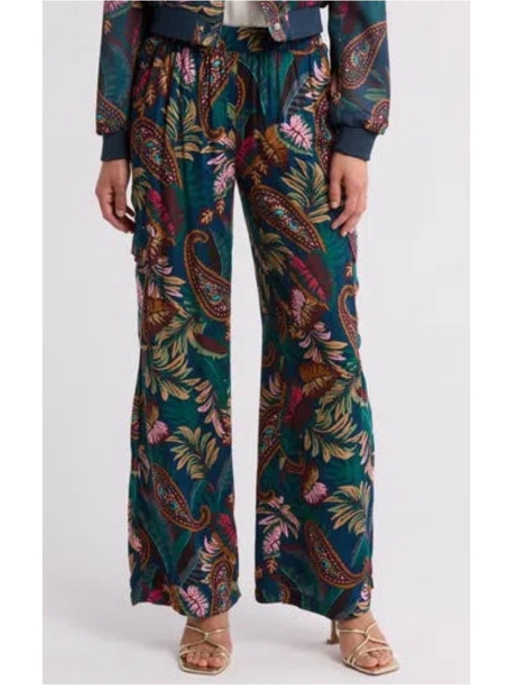 Tahari Wide-Leg Paisley Print Pull-On Pants - Teal Multi